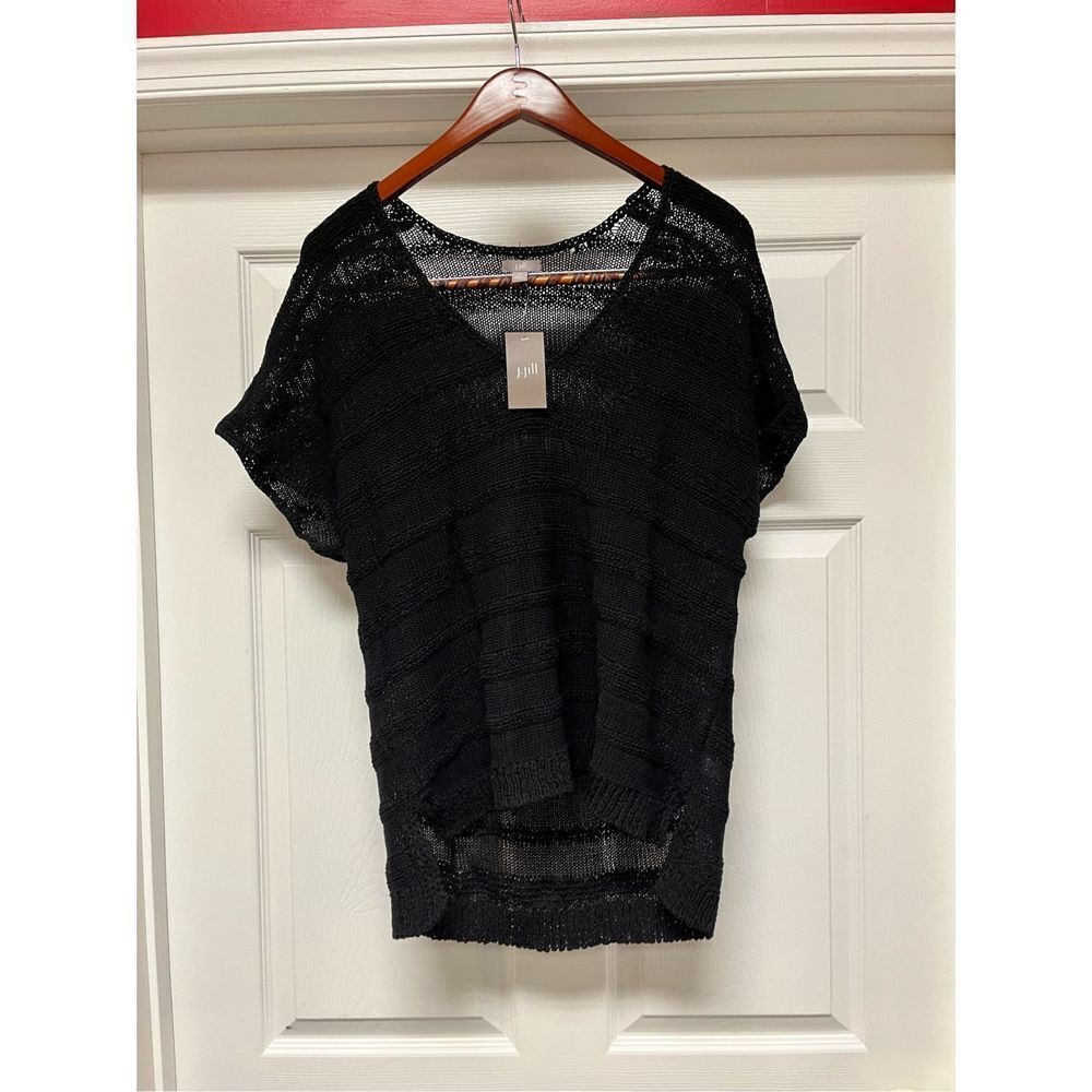 J. Jill Black Sheer Knit V-Neck Short Sleeve Sweater sz XL NWT